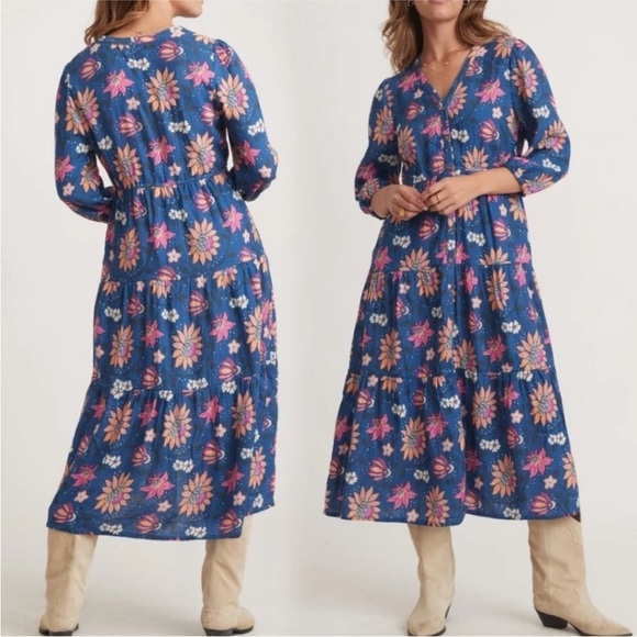 Marine Layer Willow Long Sleeve Midi Dress Batik Floral 100% Cotton Blue Small - Picture 1 of 11